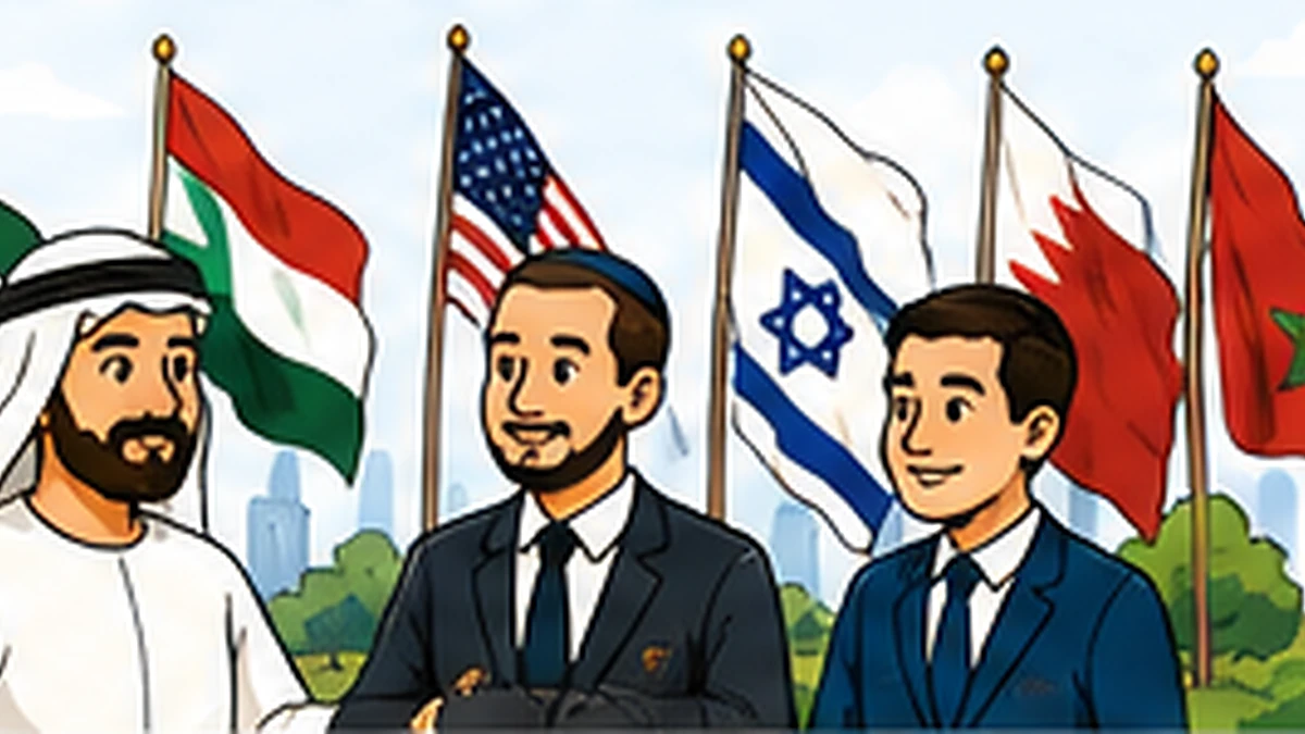 Cartoon illustration of Abraham Accords diplomacy and regional cooperation