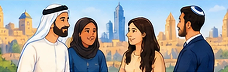 Cartoon illustration of people in Abrahamic civic dialogue