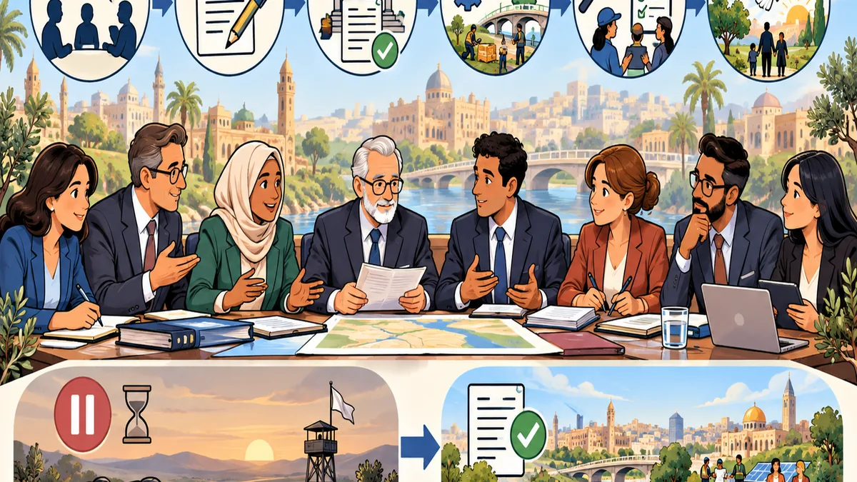 Cartoon illustration of negotiators moving from dialogue to implementation and peacebuilding