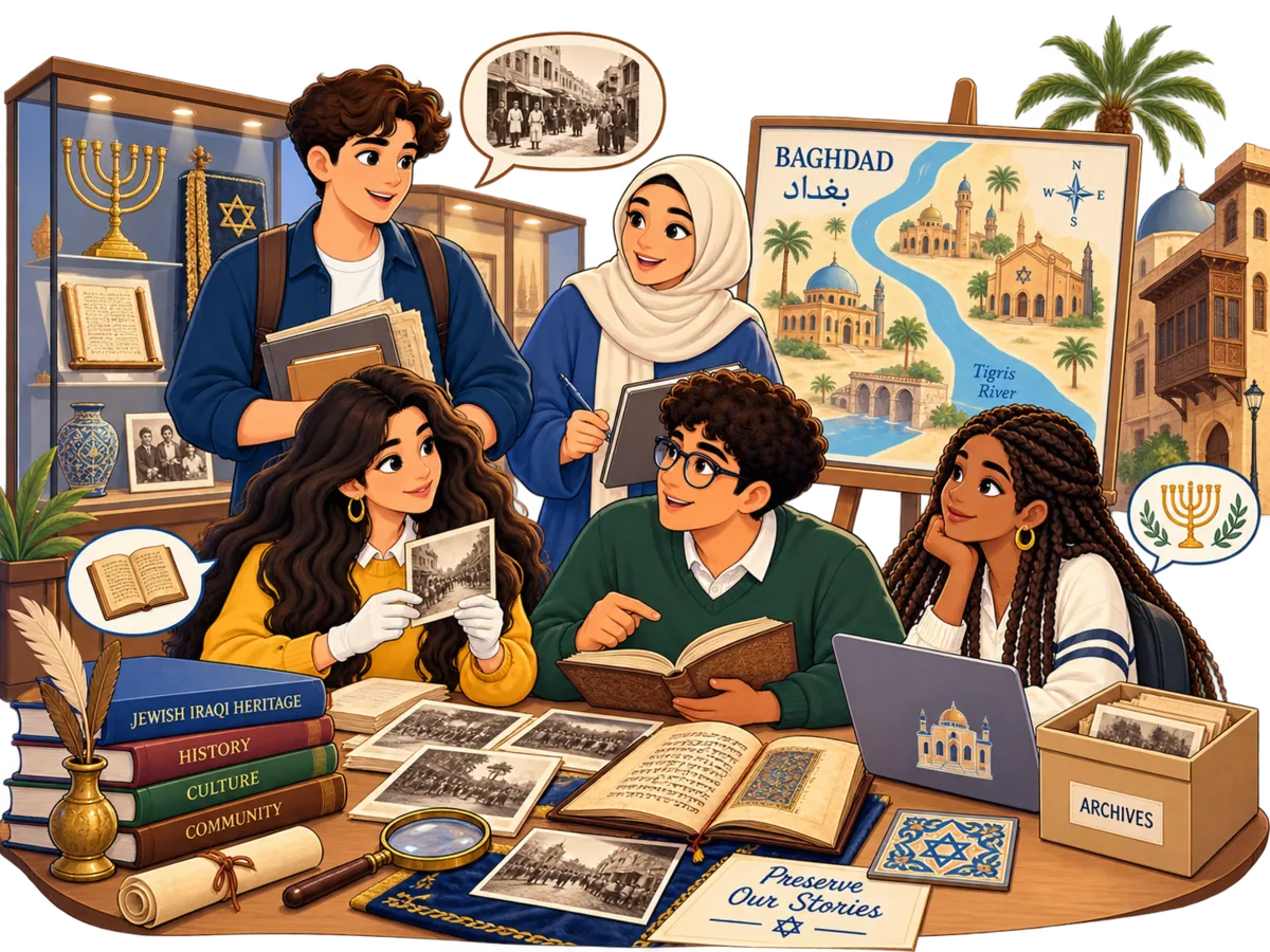 Illustrated Iraqi Jewish heritage scene with archives, Baghdad history and cultural objects
