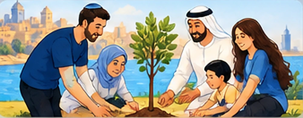 Cartoon illustration of people building civic and Abrahamic cooperation together