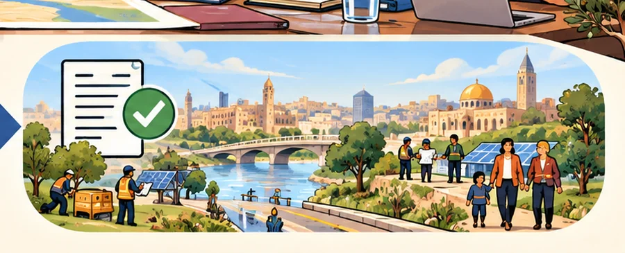 Cartoon of workers, officials and communities implementing an agreement