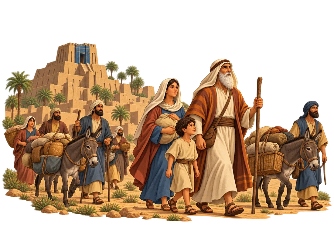Illustration of a family caravan departing an ancient Mesopotamian city, evoking the journey of Abraham from Ur.