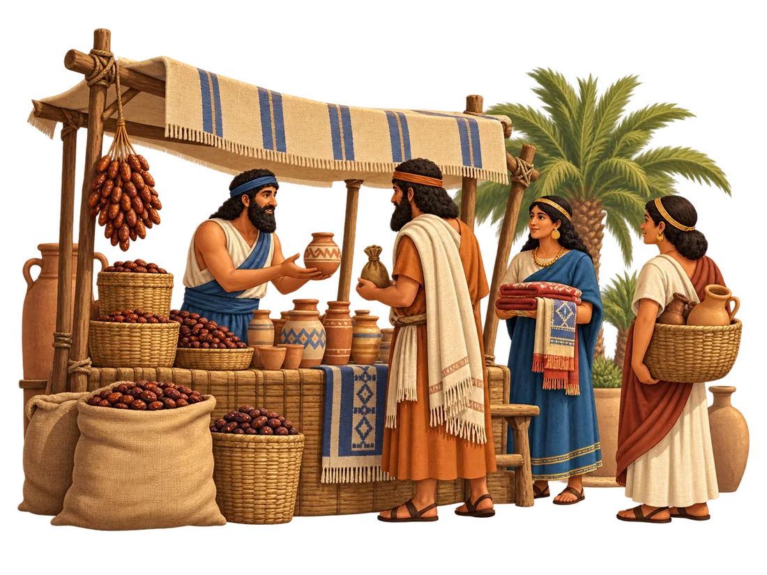 Illustration of a lively market in ancient Ur with dates, pottery, textiles and shoppers.