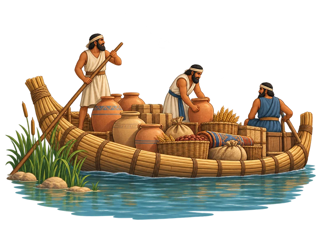 Illustration of a reed boat carrying jars, grain, textiles and other cargo on a Mesopotamian waterway.