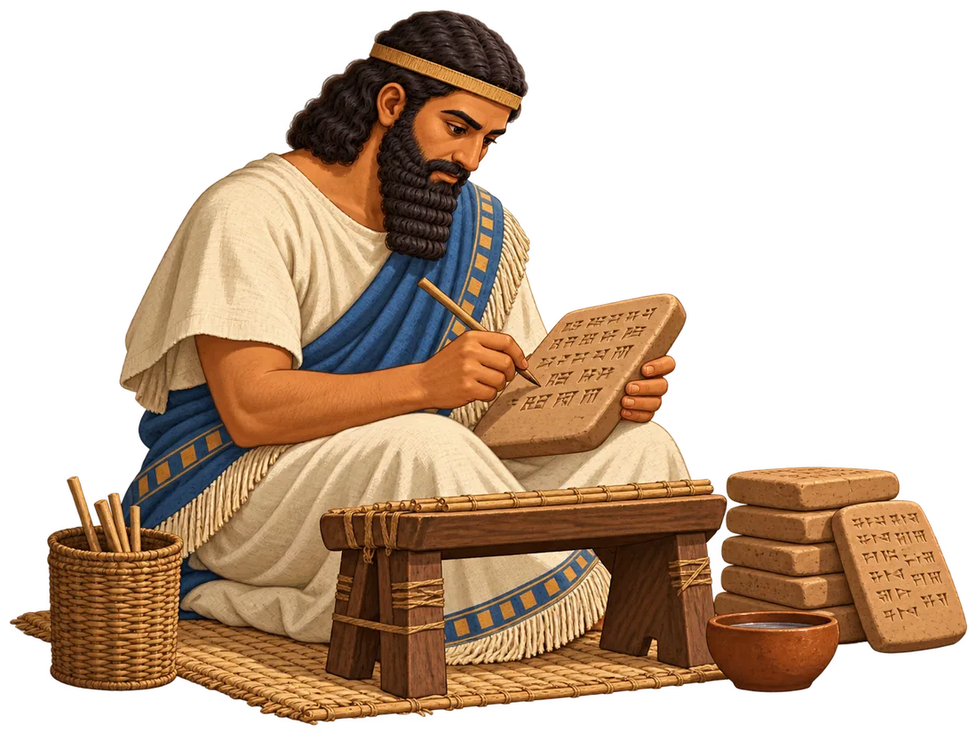 Illustration of a Mesopotamian scribe pressing cuneiform signs into a clay tablet.