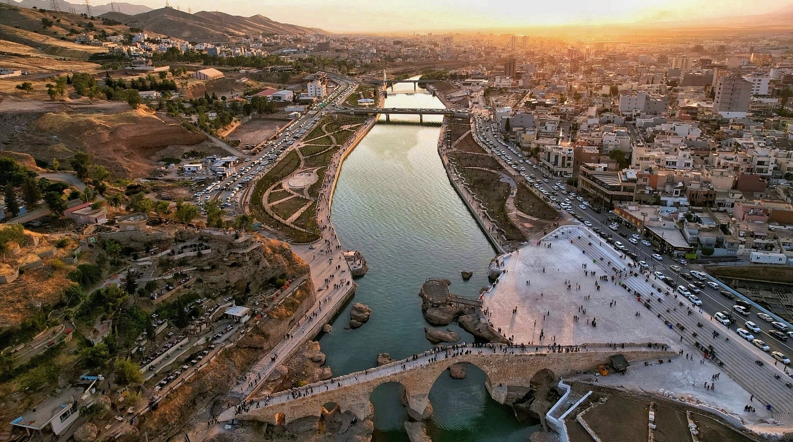 Historic Jewish Quarter of Zakho — City context: Zakho and the Delal Bridge landscape. It situates the former Jewish quarter within the city’s river geography, not the exact quarter boundary.